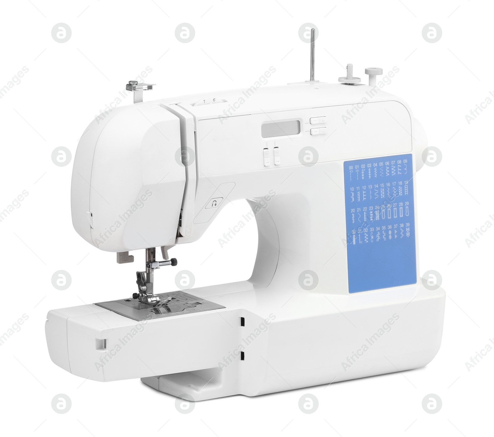 Photo of One modern sewing machine isolated on white