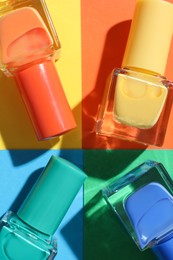 Photo of Nail polishes in bottles on color background, flat lay