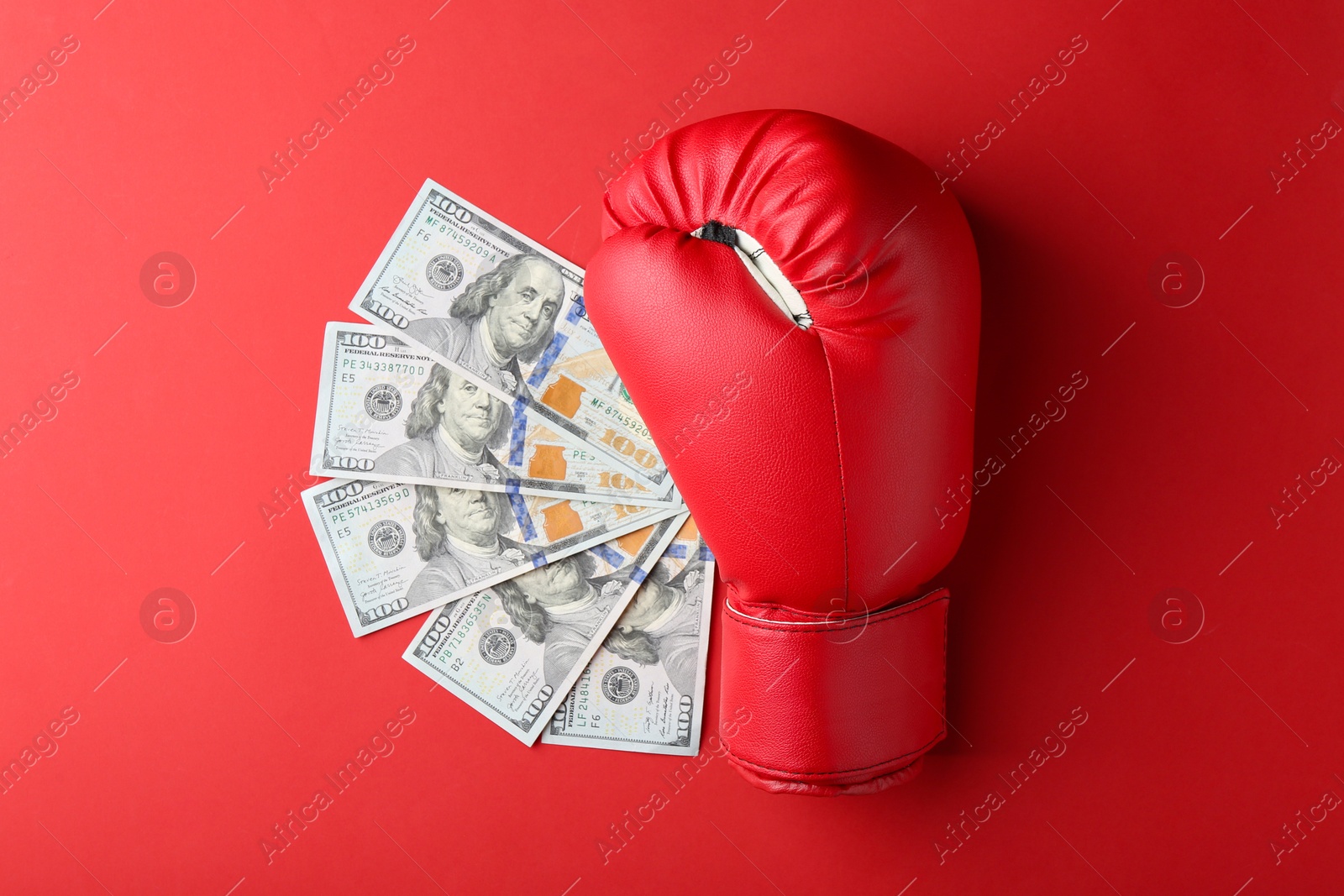 Photo of Boxing glove and dollar banknotes on red background, top view