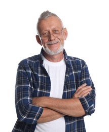 Photo of Portrait of handsome senior man with crossed arms on white background