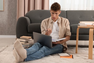 Student studying with laptop on floor at home