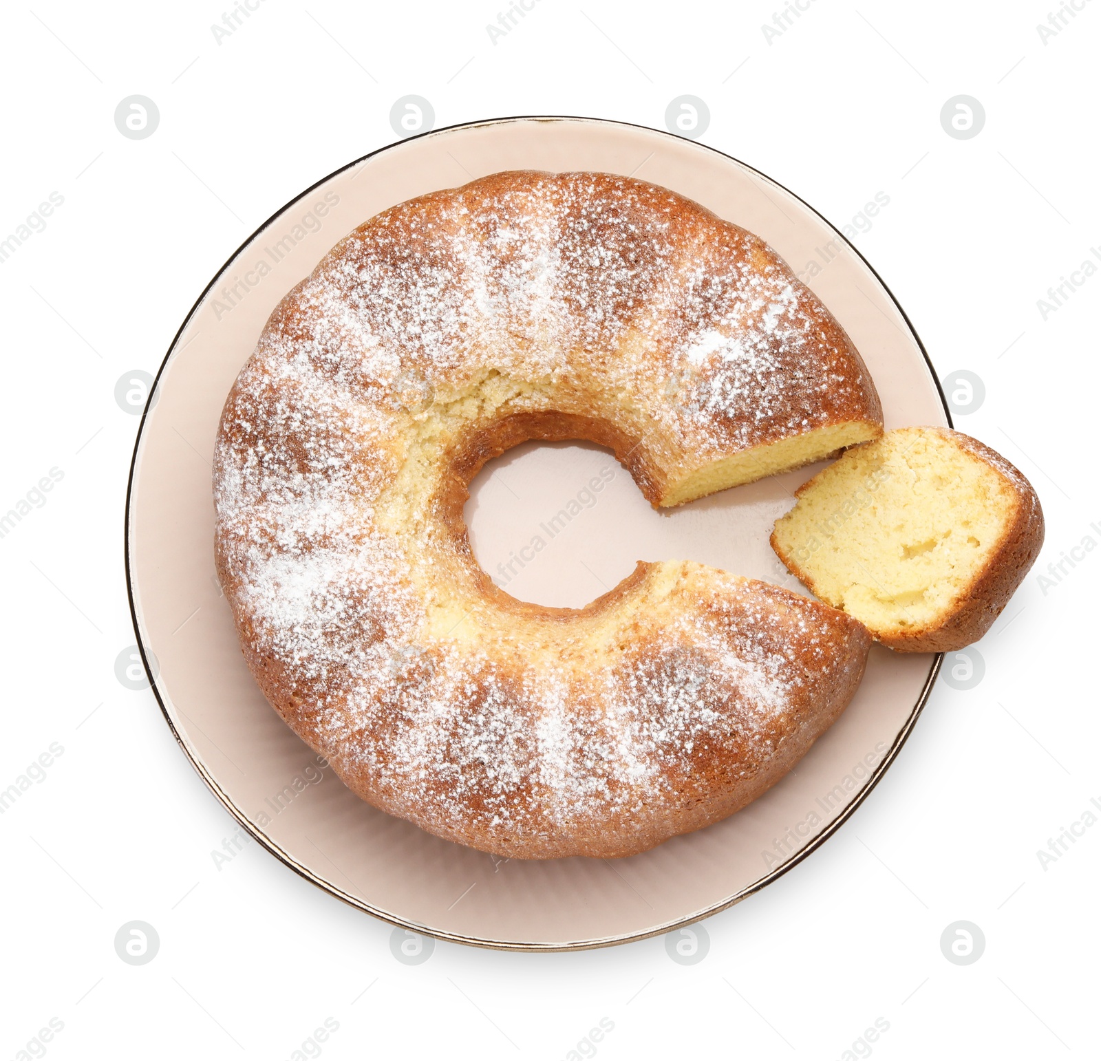 Photo of Freshly baked sponge cake isolated on white, top view