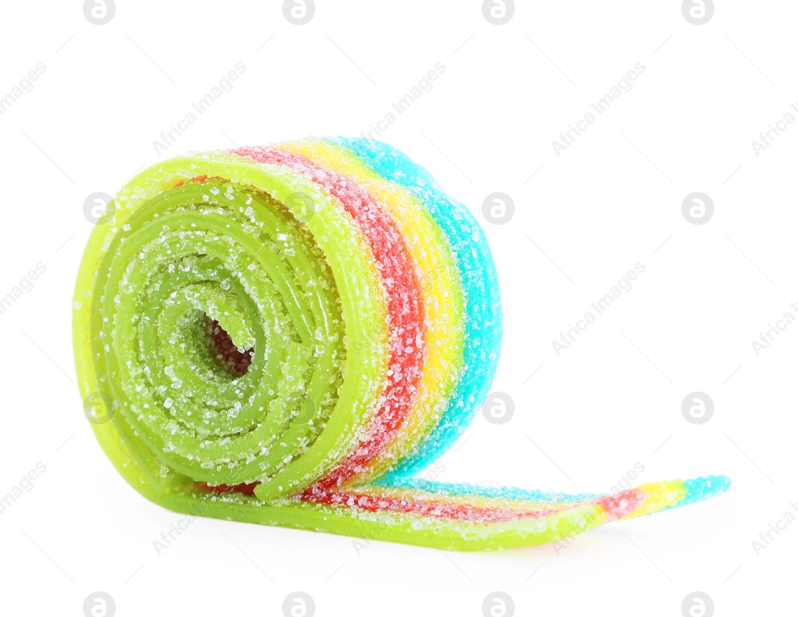 Photo of Tasty rainbow sour belt isolated on white