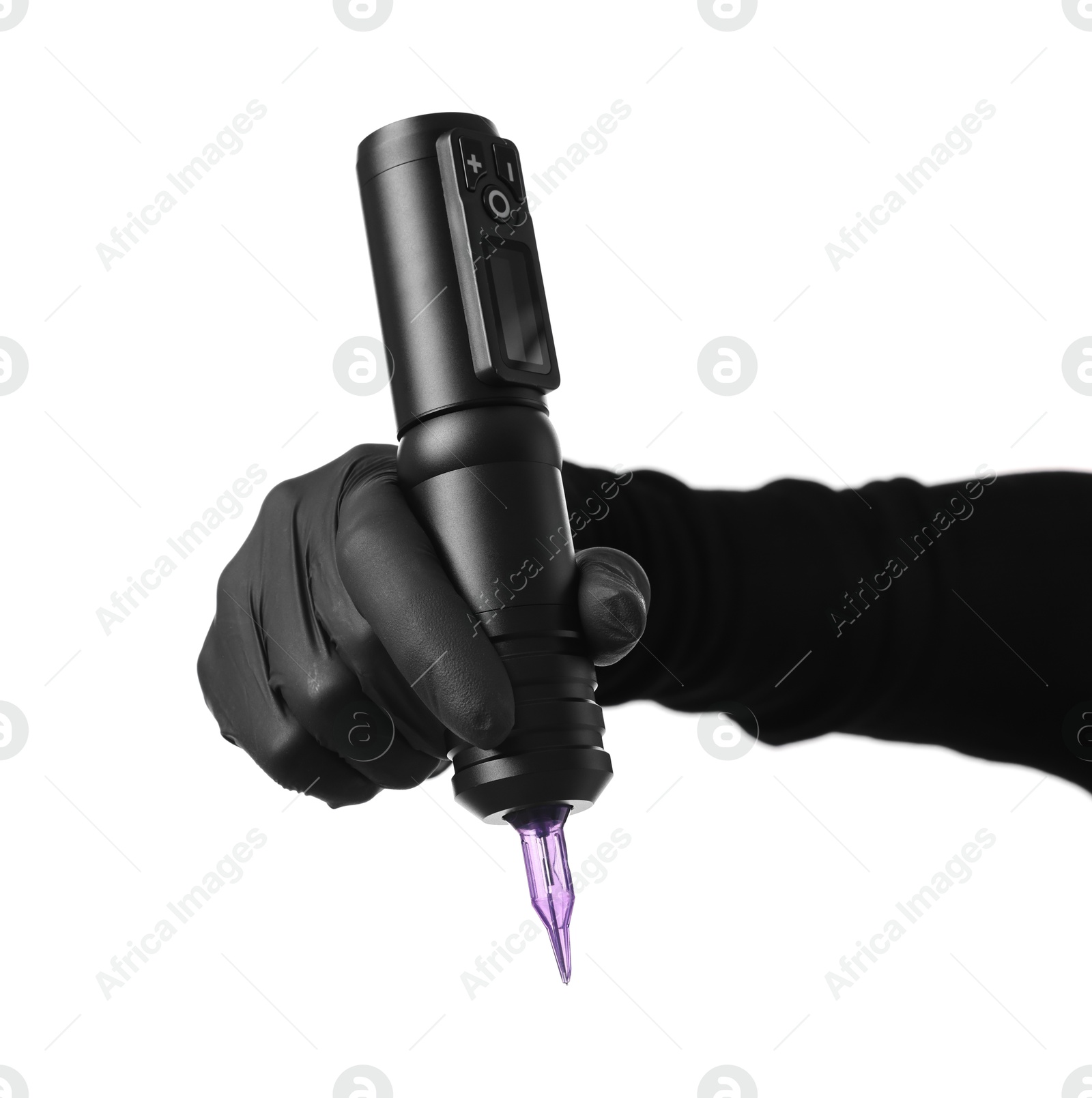 Photo of Professional artist in gloves holding tattoo machine on white background, closeup