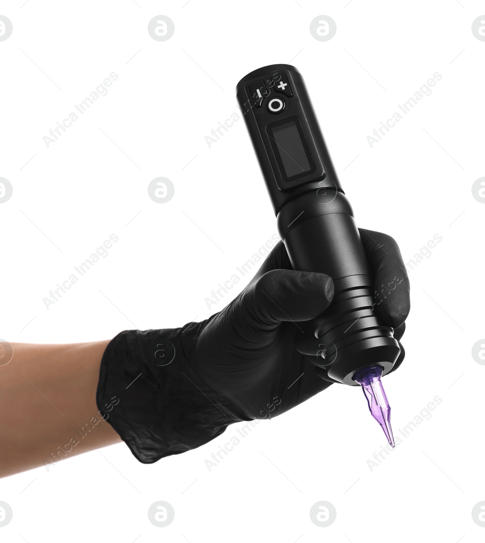 Photo of Professional artist in gloves holding tattoo machine on white background, closeup