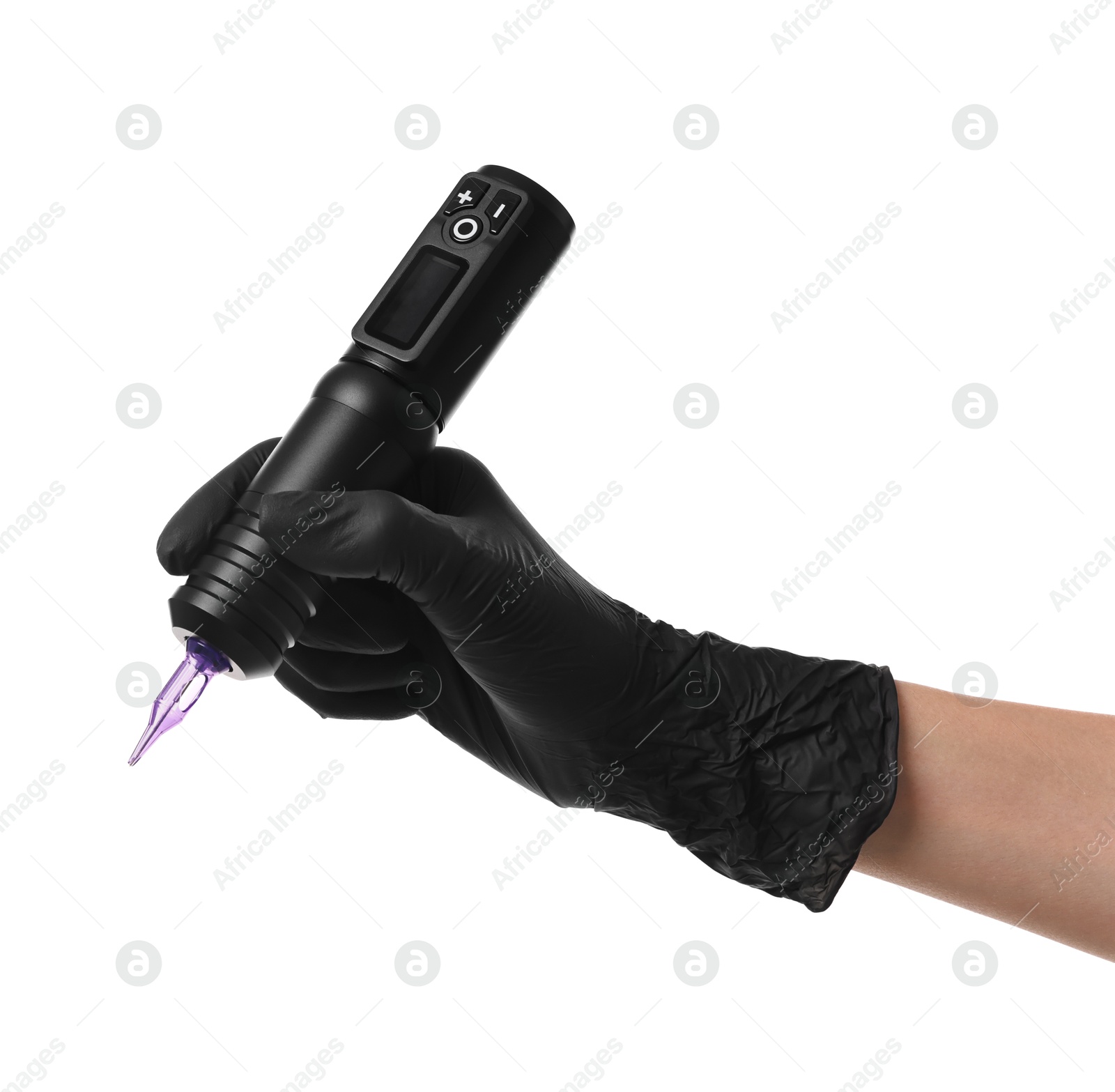 Photo of Professional artist in gloves holding tattoo machine on white background, closeup