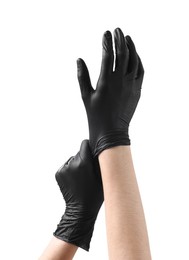 Photo of Man wearing black latex gloves on white background, closeup