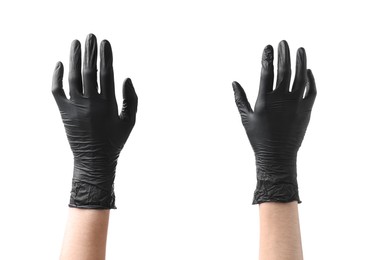 Photo of Man wearing black latex gloves on white background, closeup