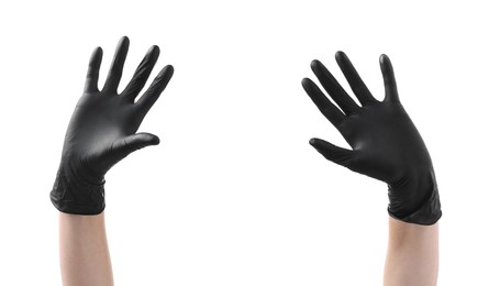 Photo of Man wearing black latex gloves on white background, closeup