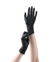 Photo of Man wearing black latex gloves on white background, closeup