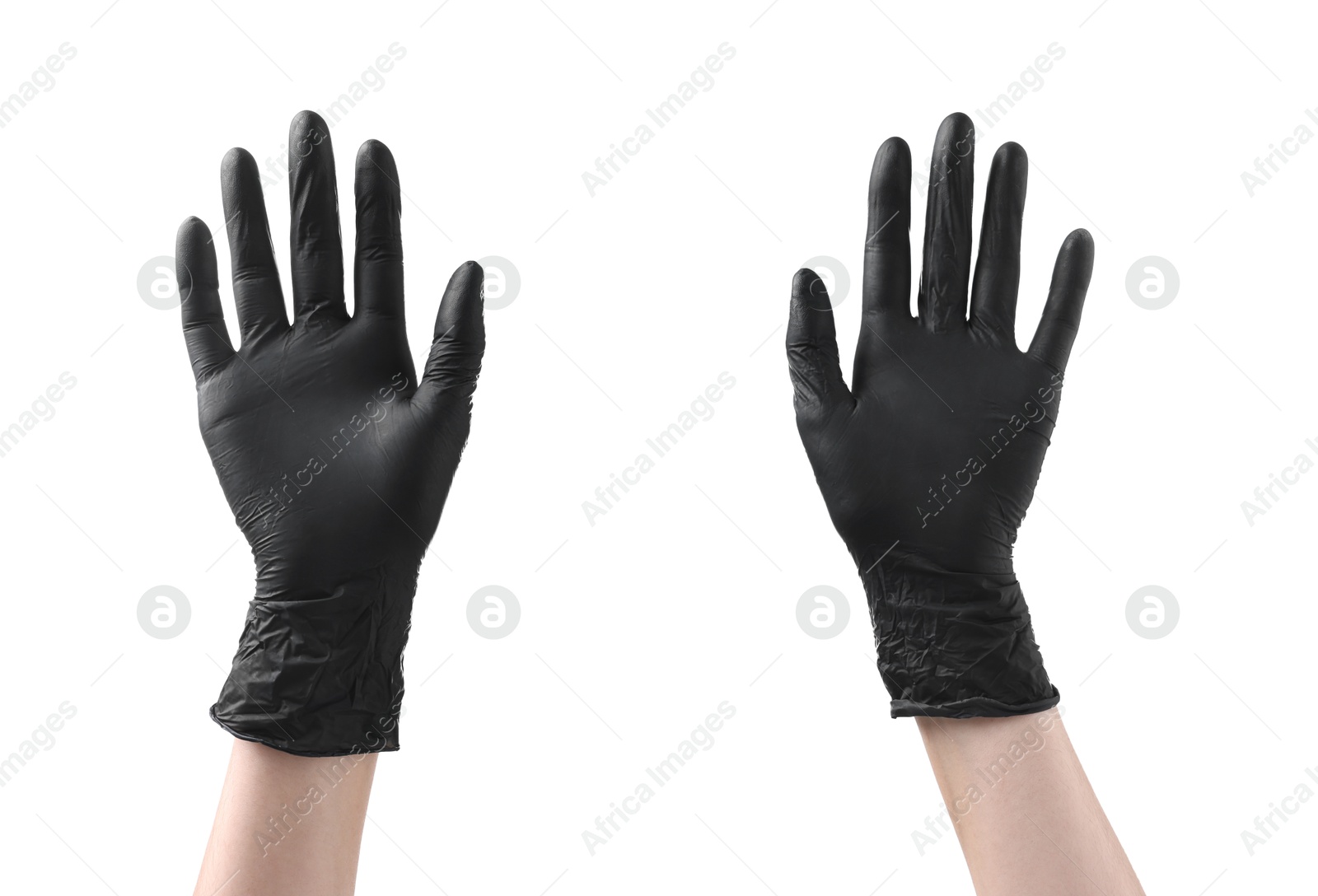 Photo of Man wearing black latex gloves on white background, closeup