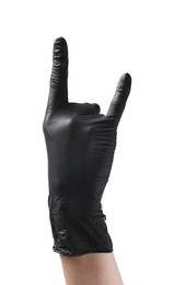 Photo of Man in black latex glove showing rock gesture on white background, closeup