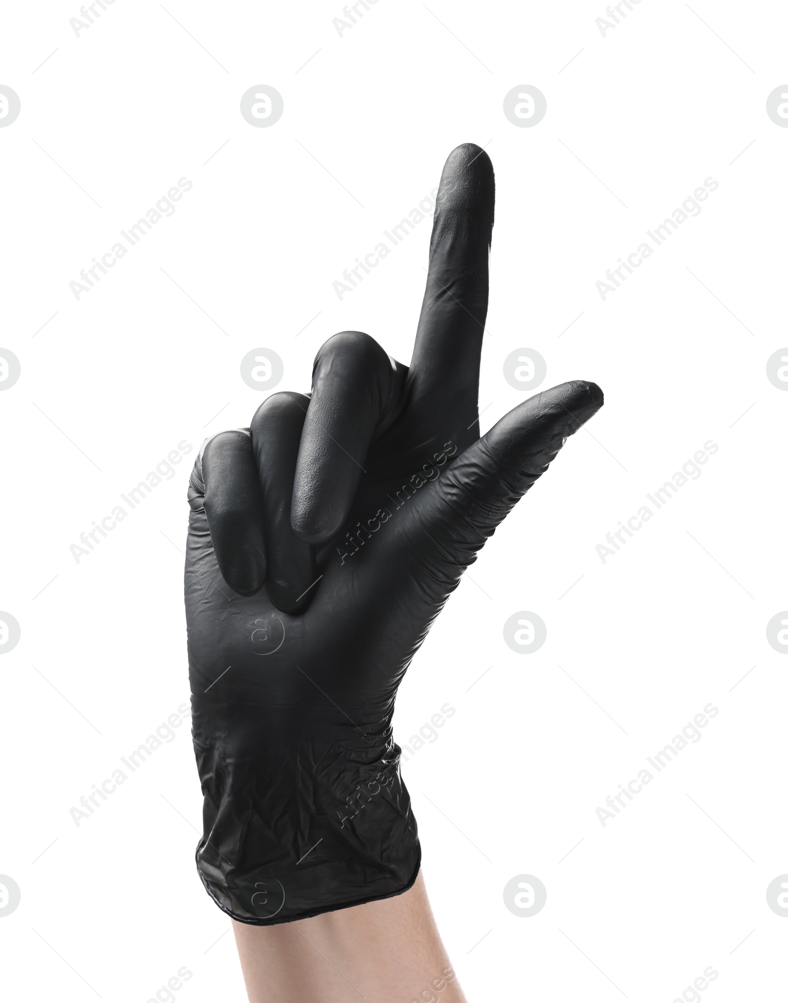 Photo of Man in black latex glove pointing at something on white background, closeup