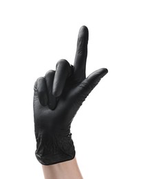 Photo of Man in black latex glove pointing at something on white background, closeup