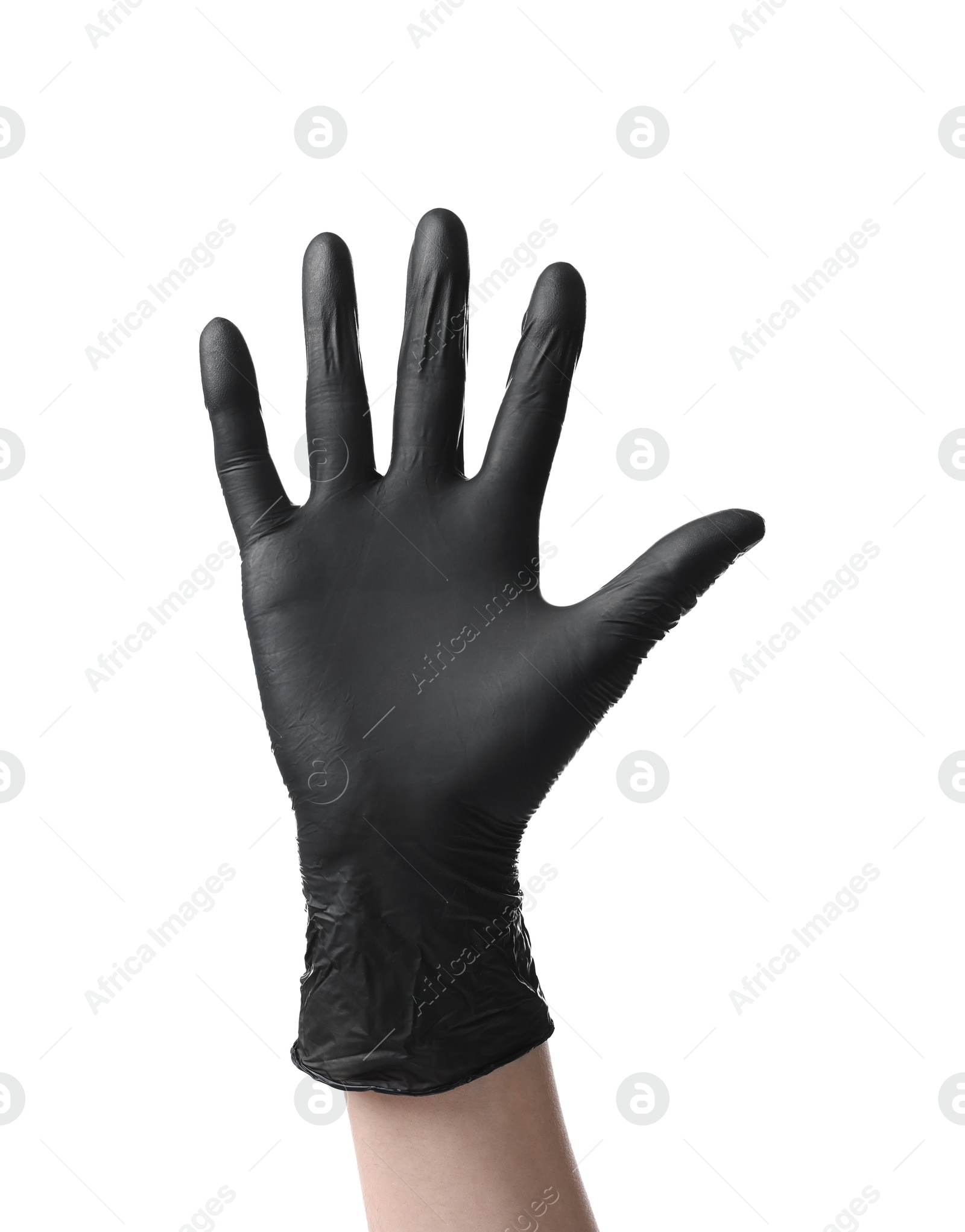 Photo of Man wearing black latex glove on white background, closeup