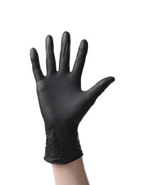 Photo of Man wearing black latex glove on white background, closeup