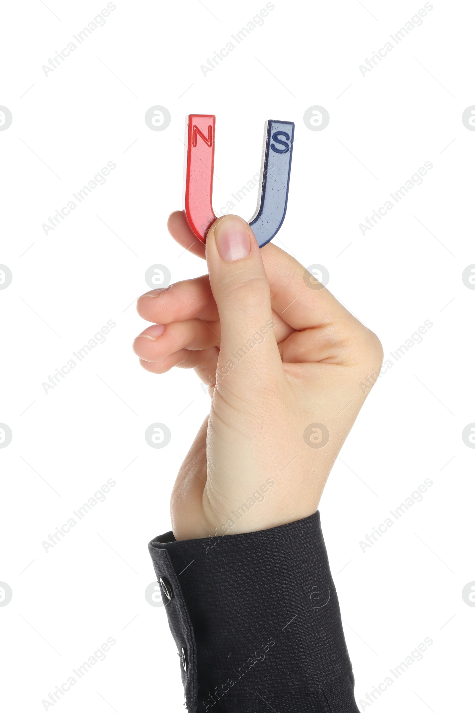 Photo of Woman with horseshoe magnet on white background, closeup