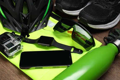 Photo of Bicycle accessories and equipment on wooden table