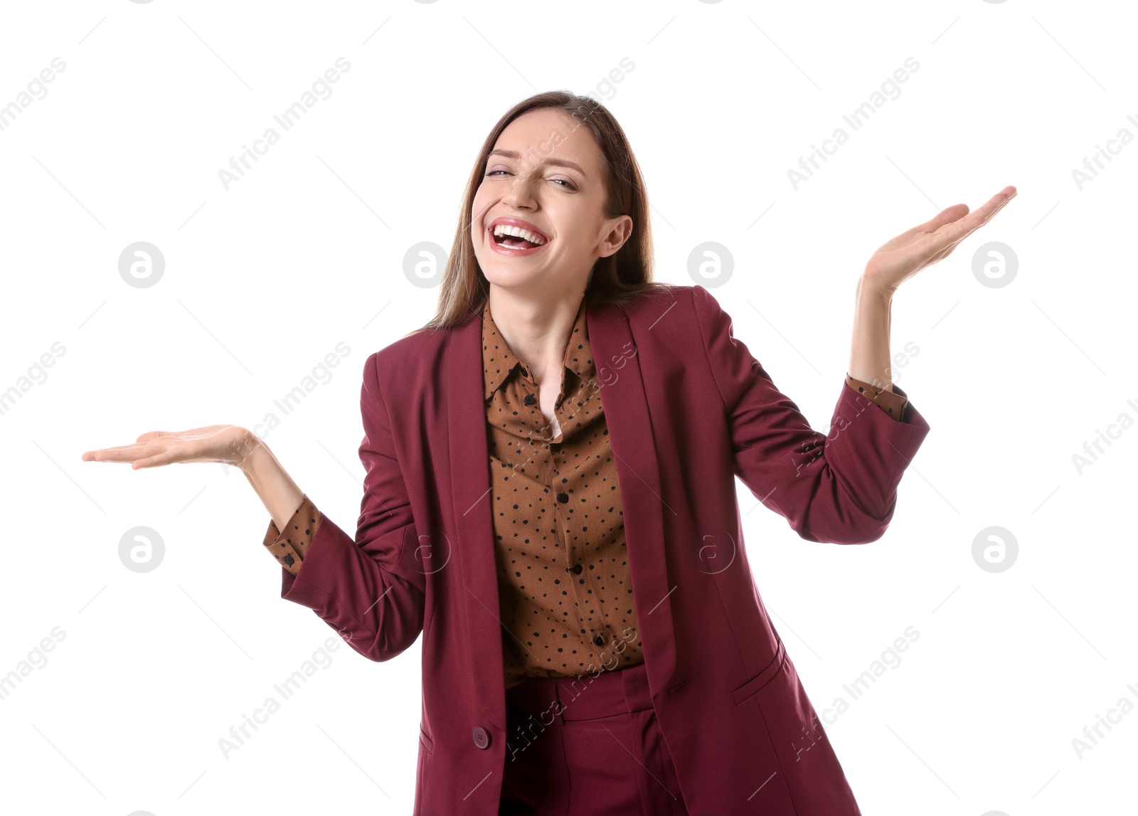 Photo of Portrait of happy winner on white background