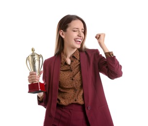 Happy winner with gold trophy cup on white background