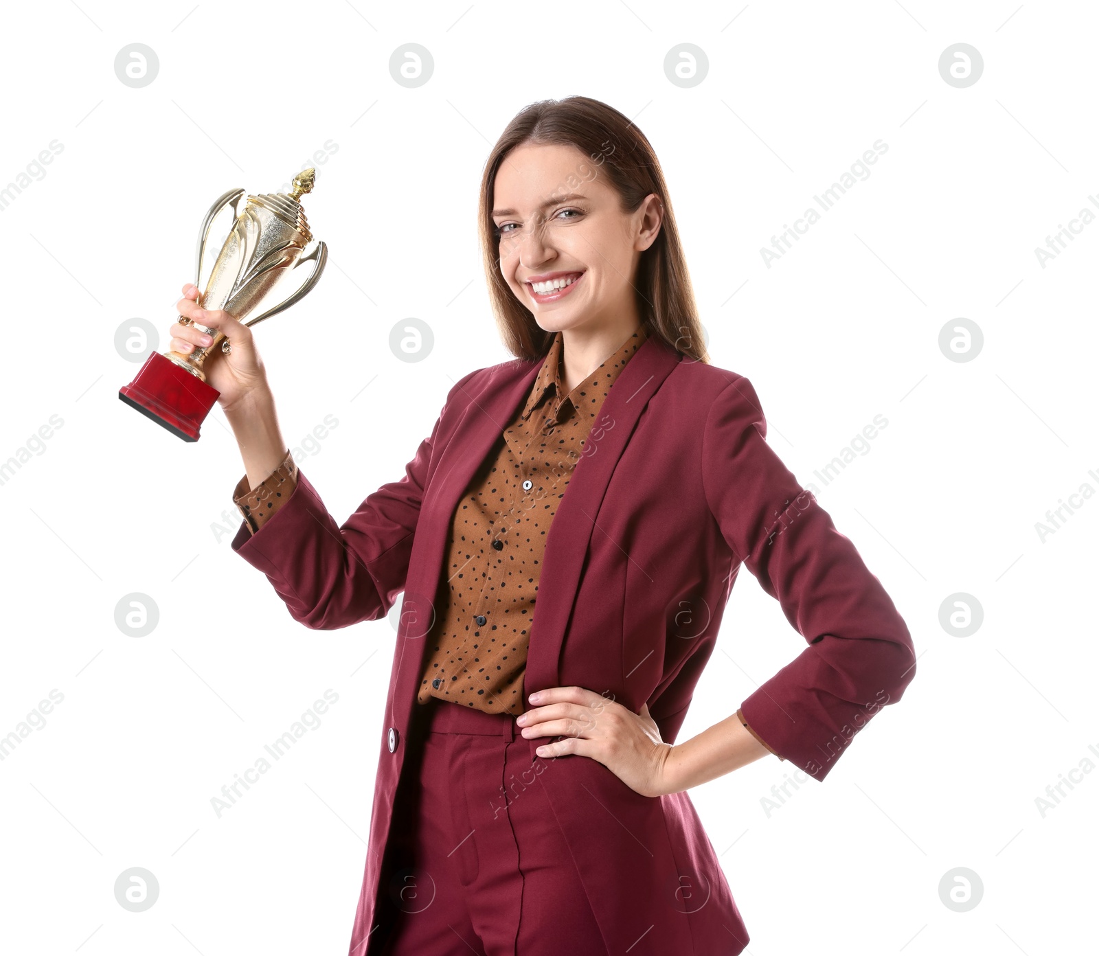 Photo of Happy winner with gold trophy cup on white background