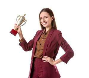 Photo of Happy winner with gold trophy cup on white background