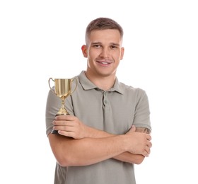 Photo of Happy winner with golden trophy cup on white background