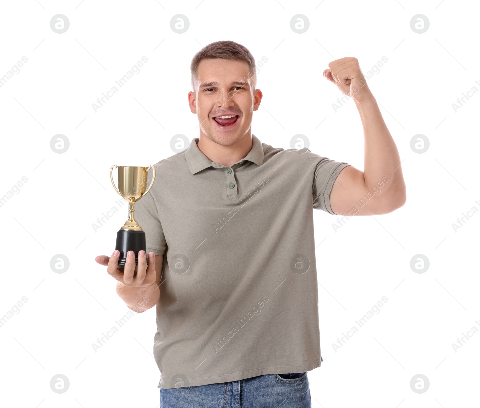 Photo of Happy winner with golden trophy cup on white background