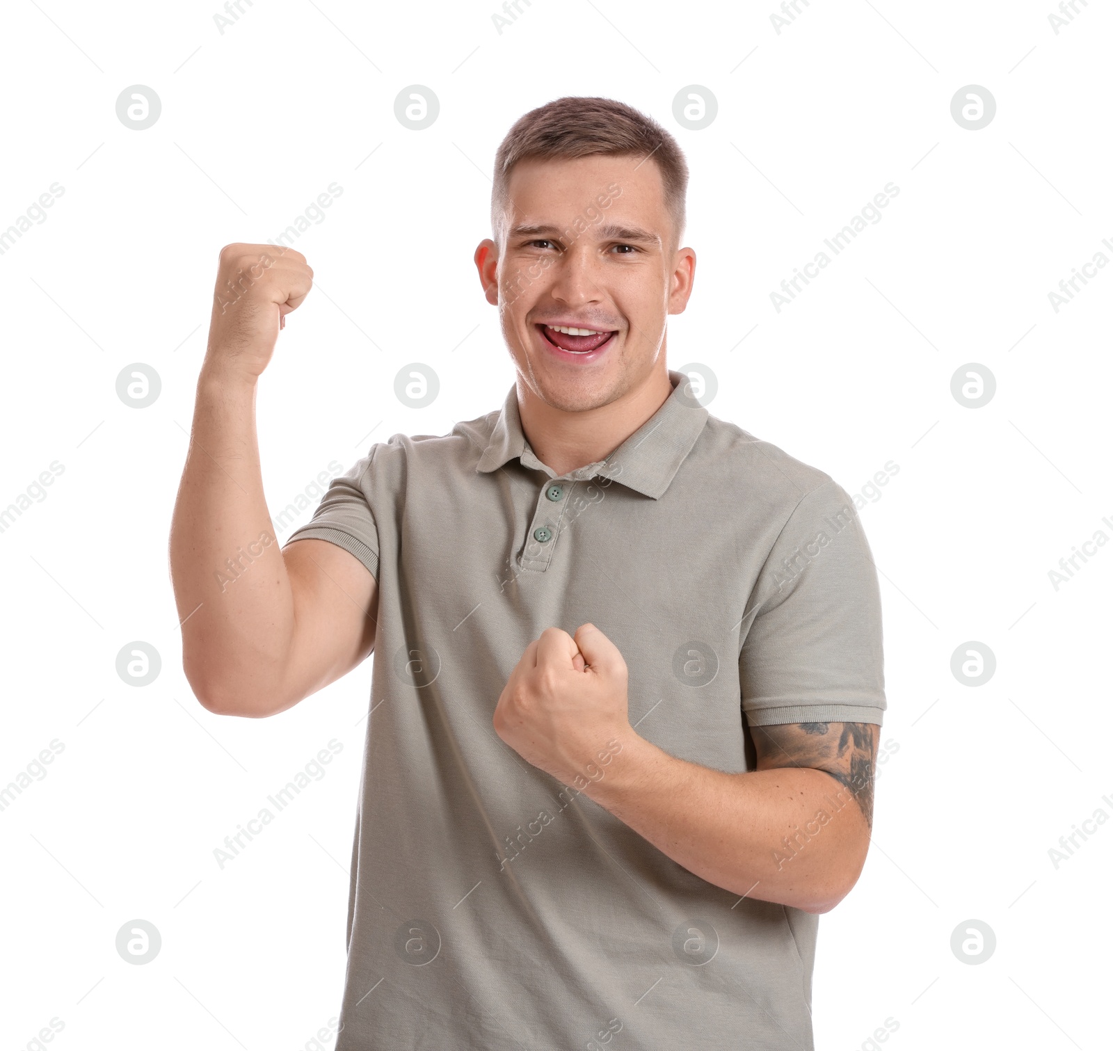 Photo of Portrait of happy winner on white background