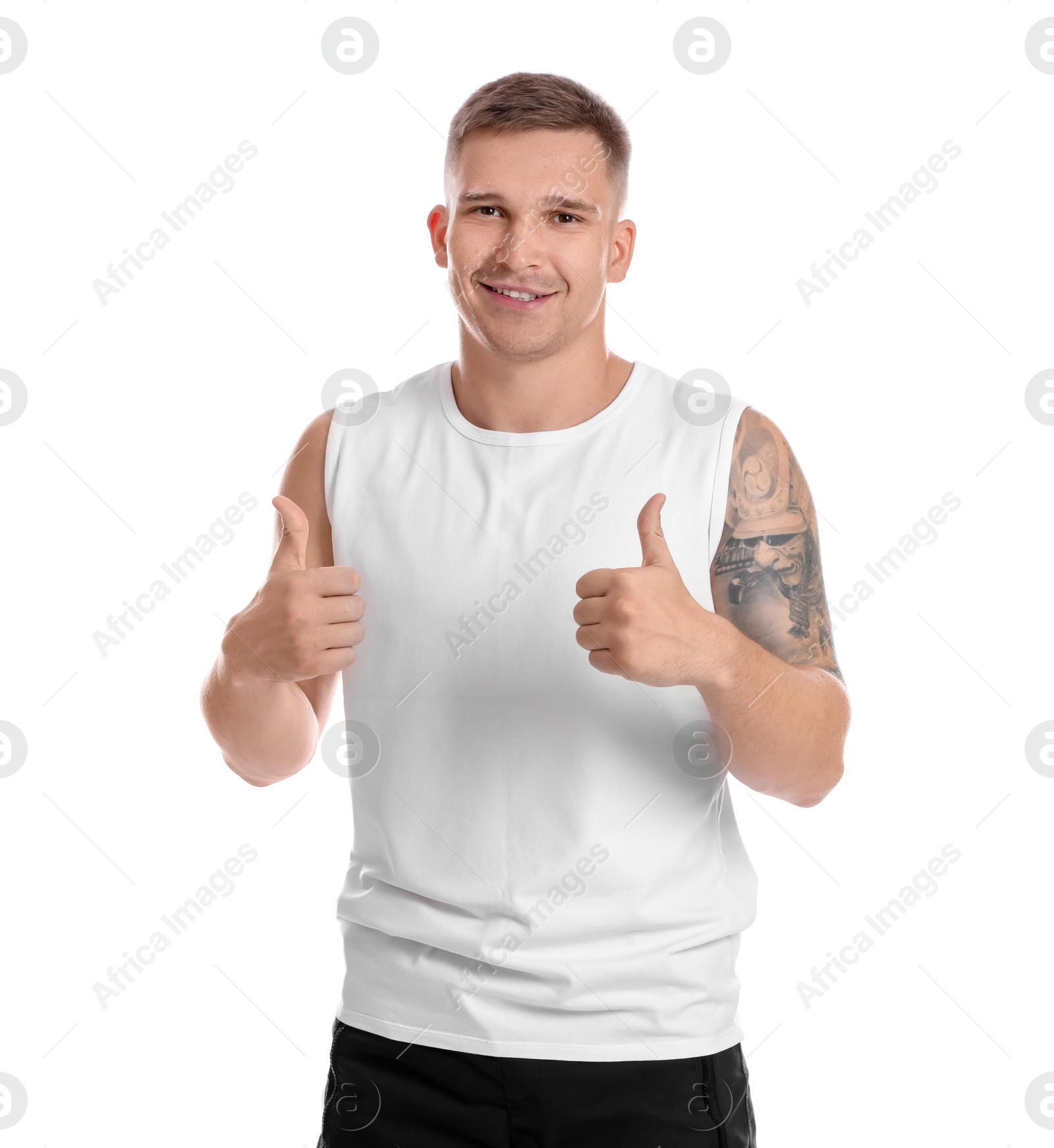 Photo of Happy winner showing thumbs up on white background