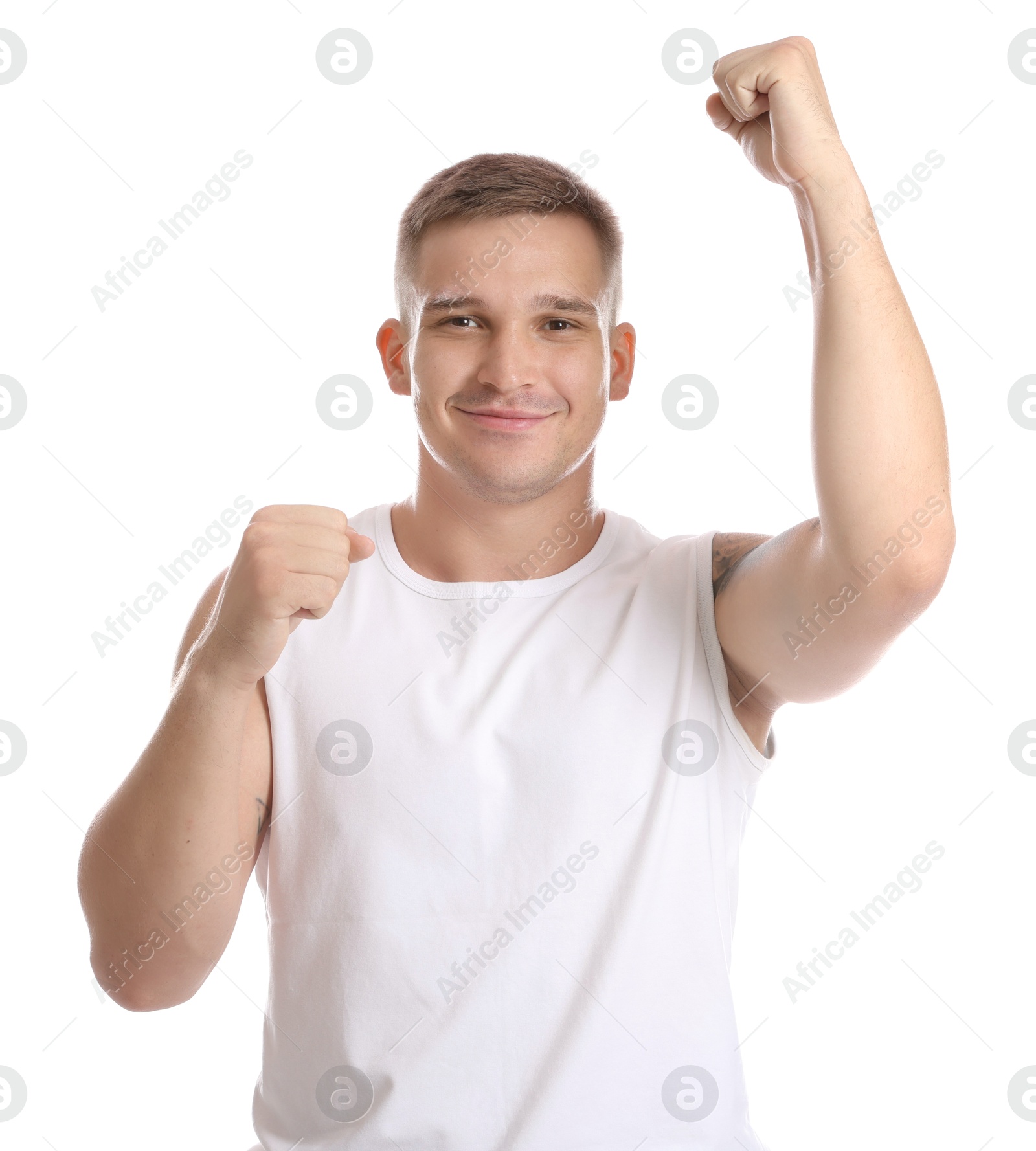 Photo of Portrait of happy winner on white background