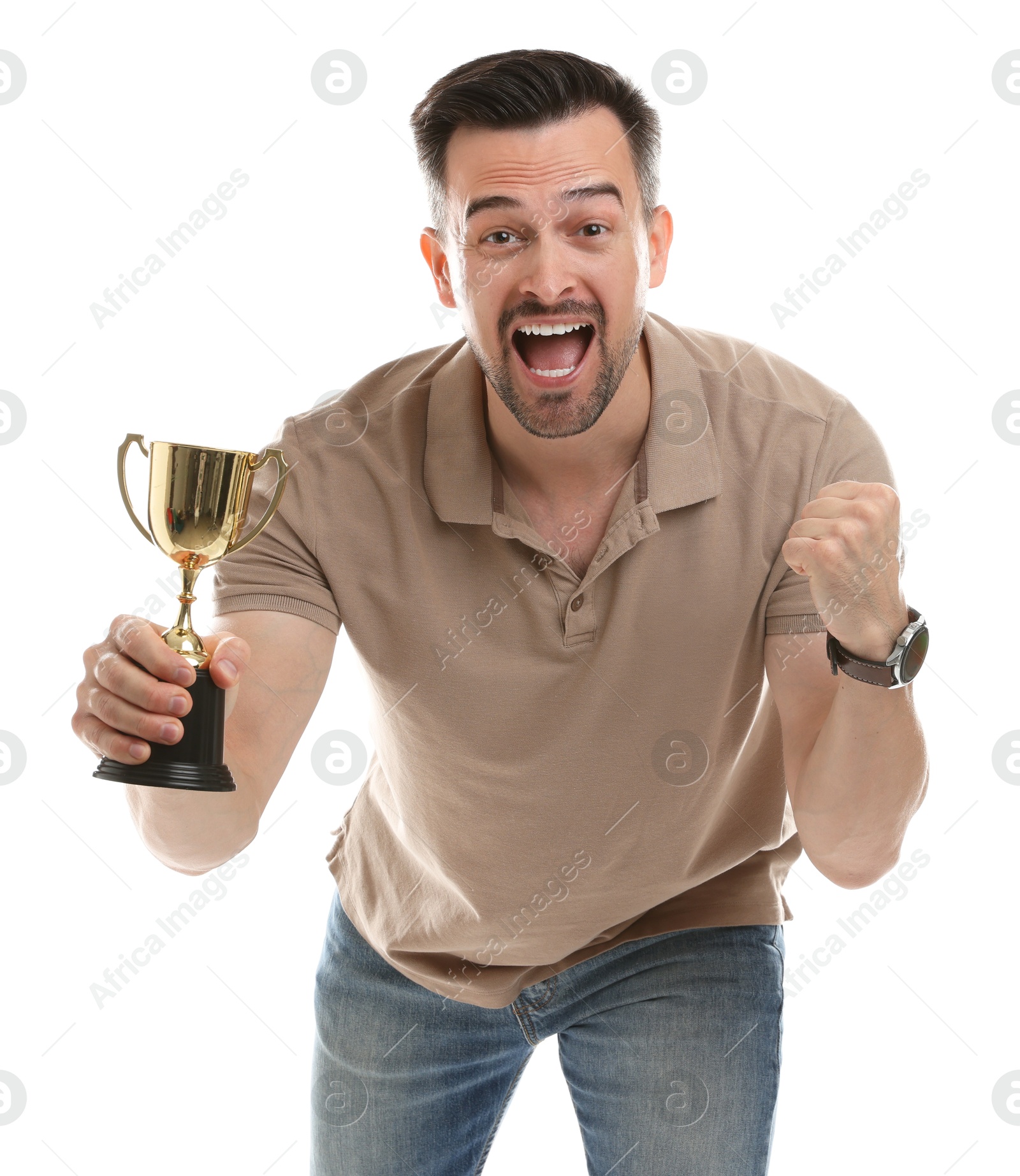 Photo of Happy winner with golden trophy cup on white background