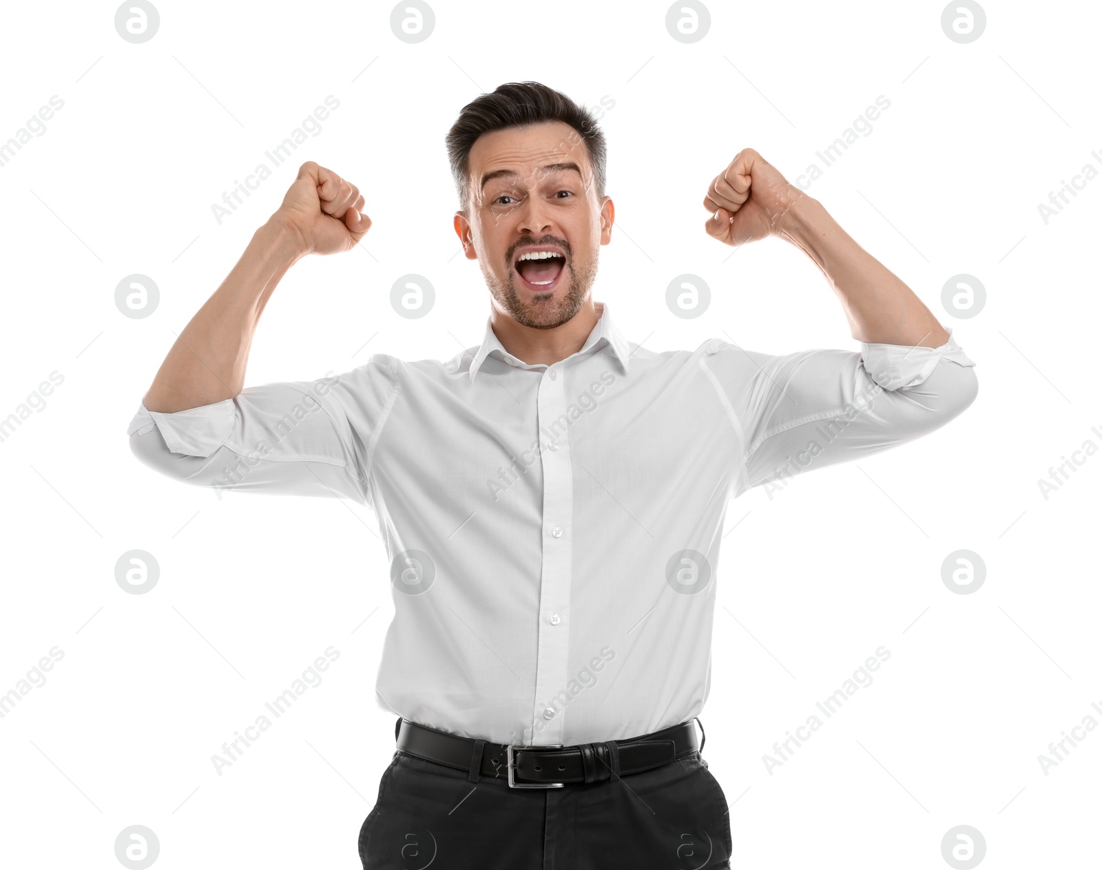 Photo of Portrait of happy winner on white background