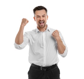 Portrait of happy winner on white background