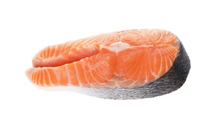 Photo of Steak of fresh raw salmon isolated on white