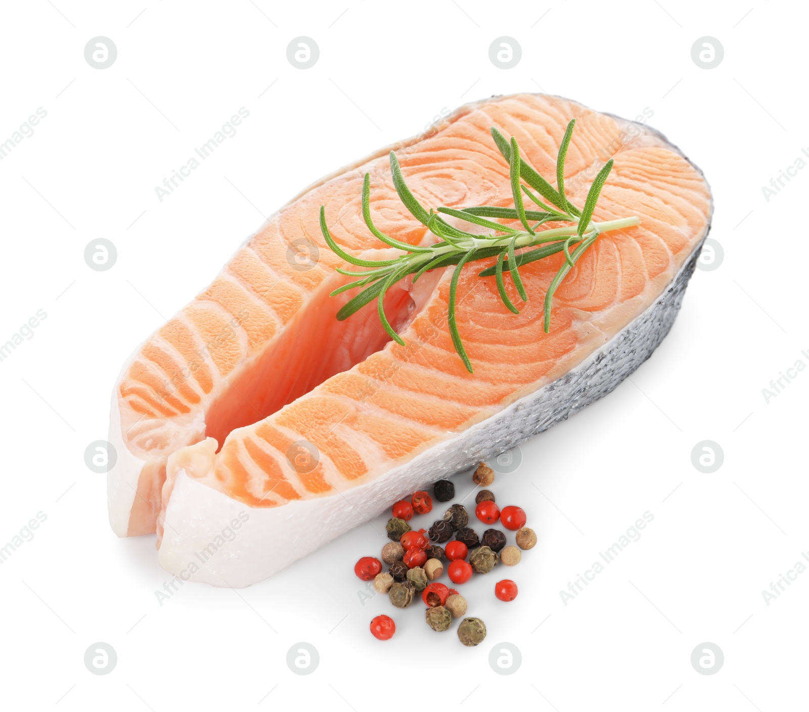 Photo of Steak of fresh raw salmon and spices isolated on white