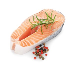 Photo of Steak of fresh raw salmon and spices isolated on white