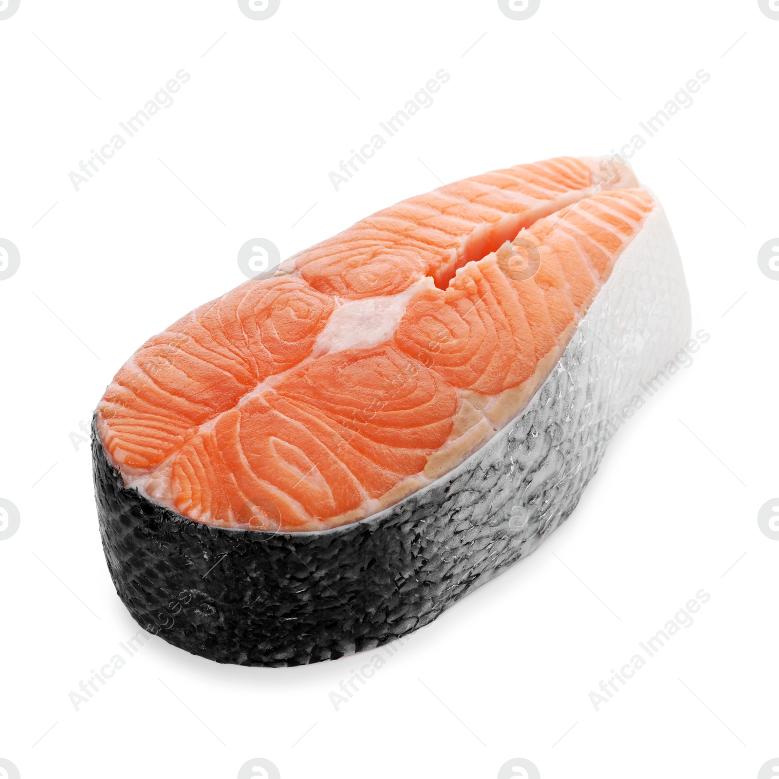 Photo of Steak of fresh raw salmon isolated on white