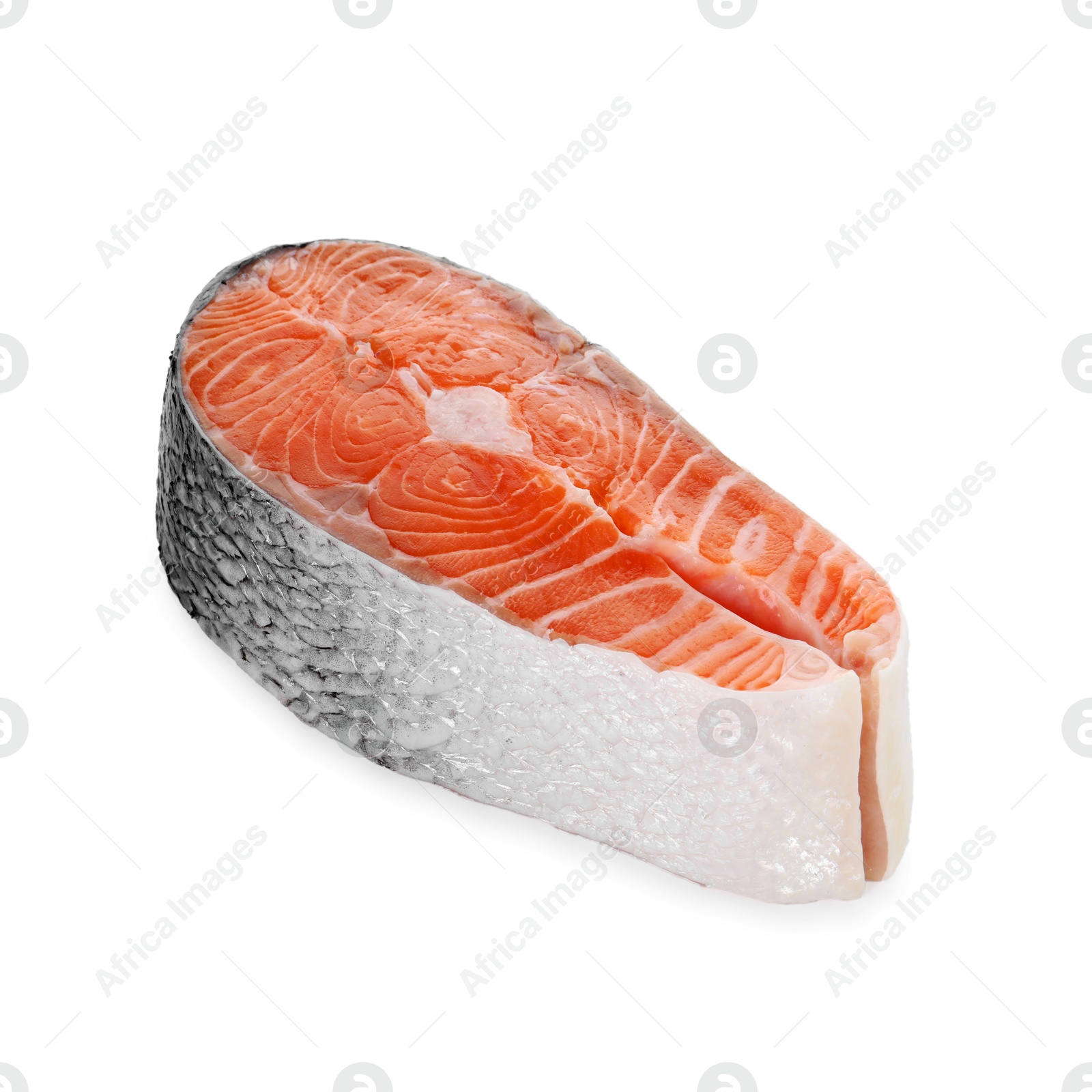 Photo of Steak of fresh raw salmon isolated on white