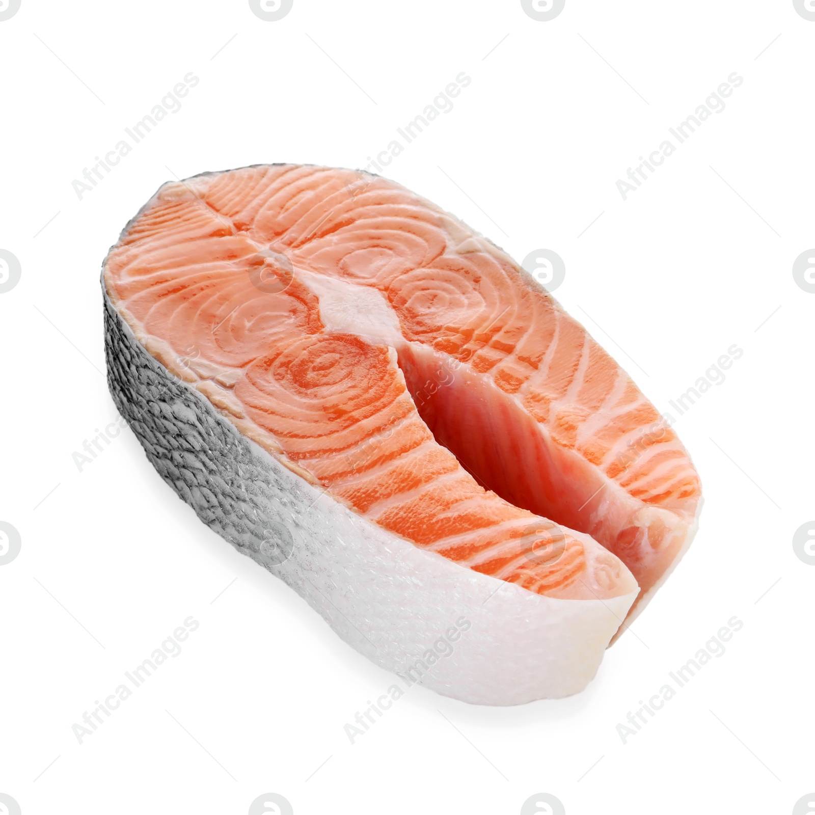 Photo of Steak of fresh raw salmon isolated on white