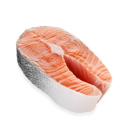 Photo of Steak of fresh raw salmon isolated on white