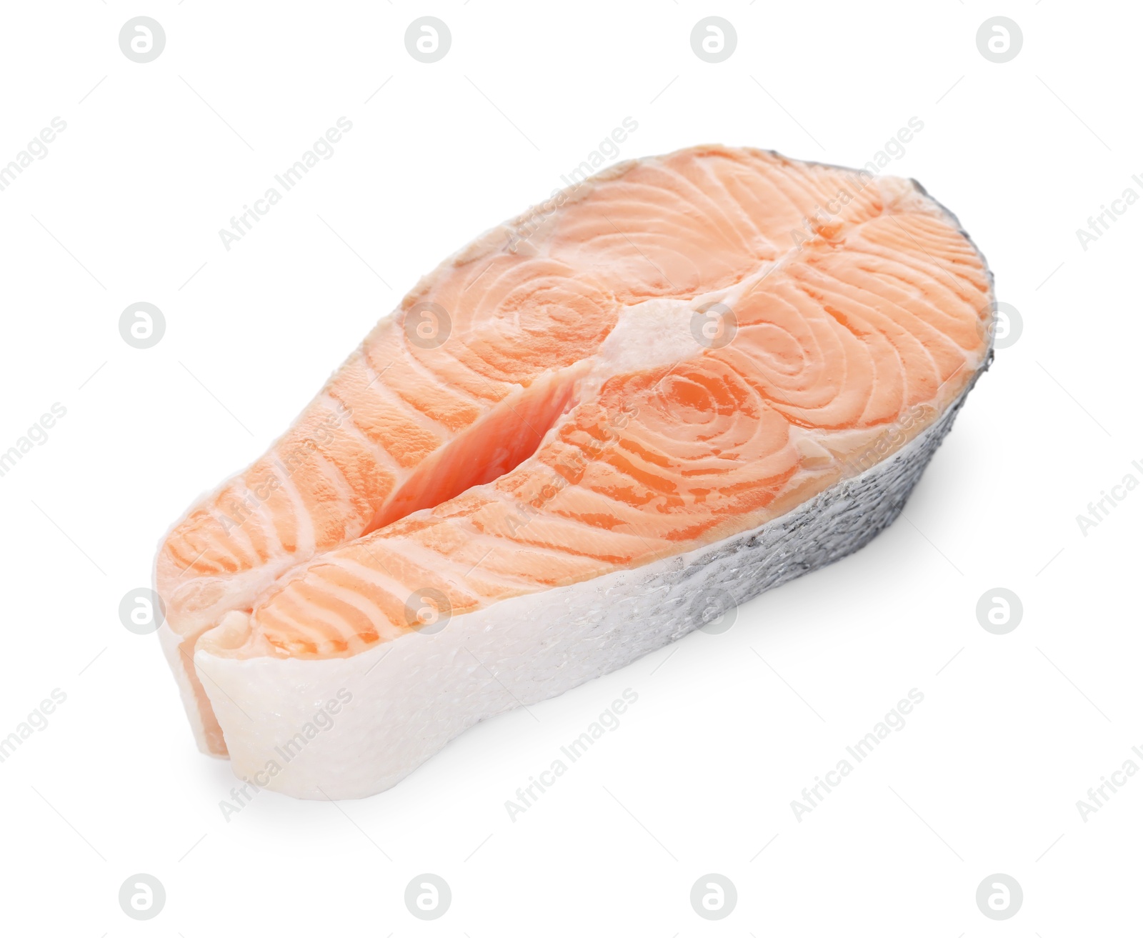 Photo of Steak of fresh raw salmon isolated on white