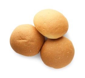 Three fresh tasty buns isolated on white, top view