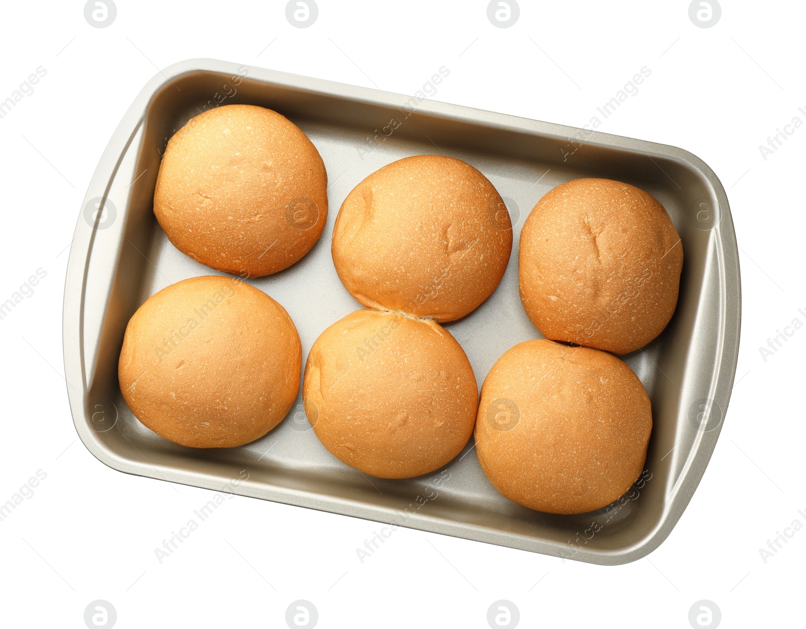 Photo of Fresh tasty buns in baking tray isolated on white, top view