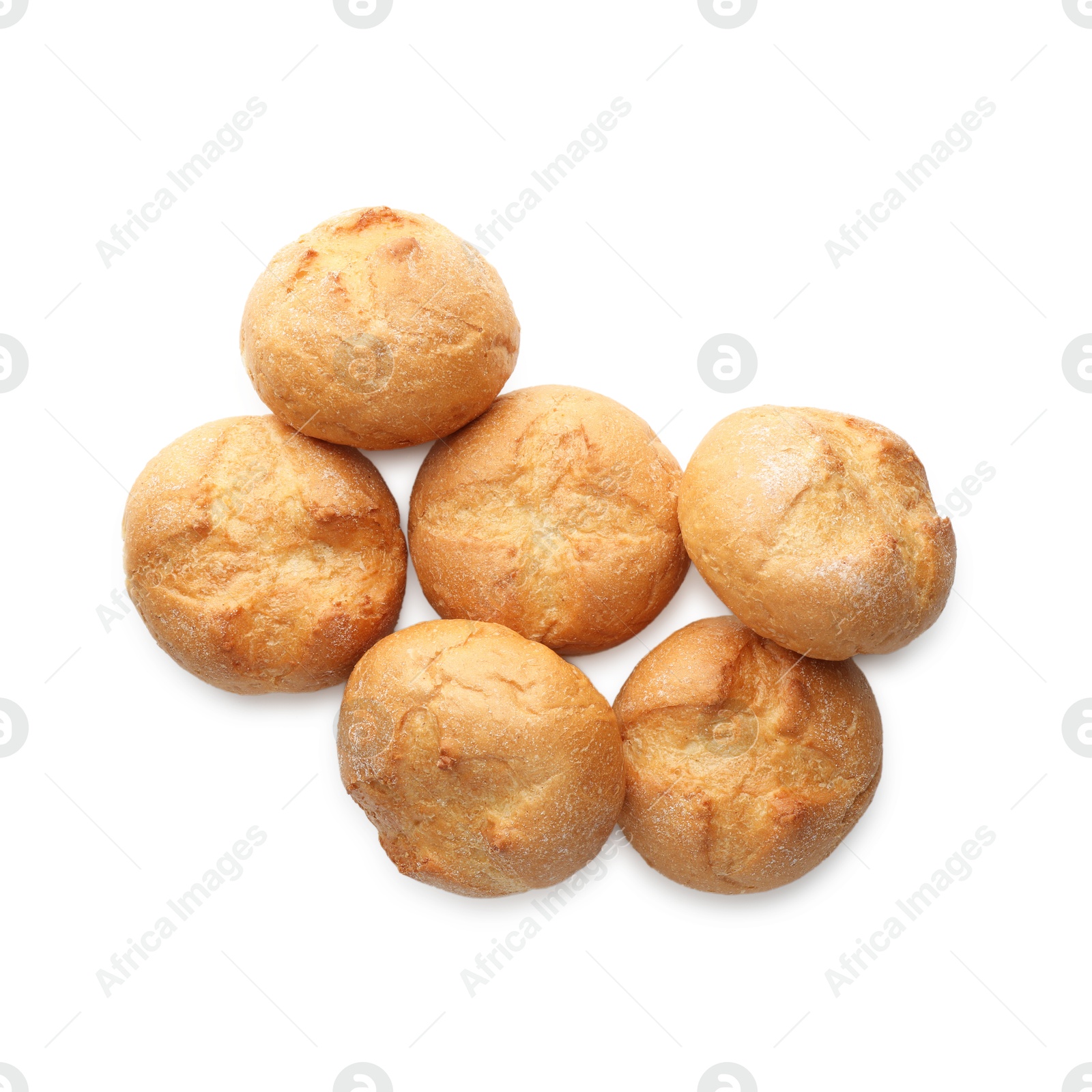 Photo of Homemade tasty buns isolated on white, top view