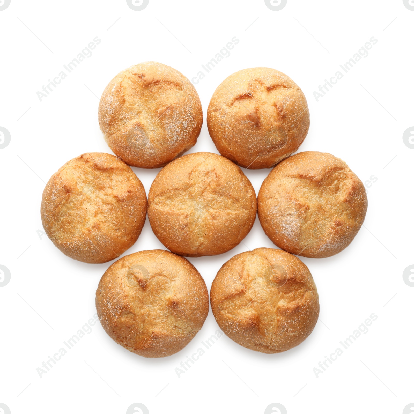 Photo of Homemade tasty buns isolated on white, top view