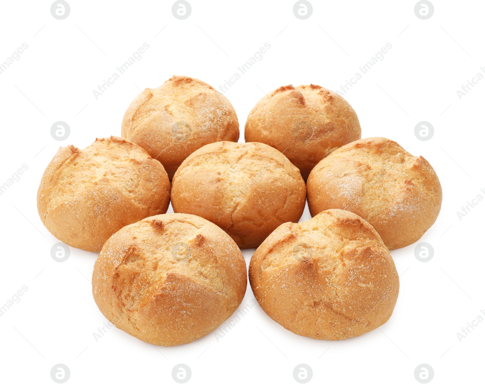 Photo of Many homemade tasty buns isolated on white