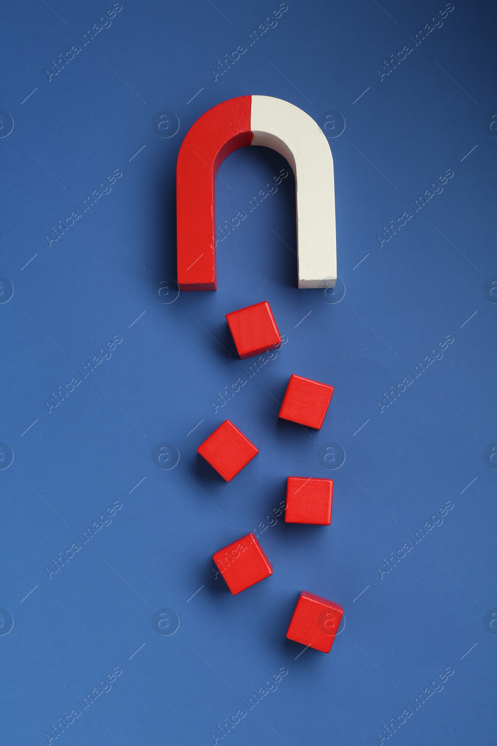 Photo of Magnet attracting red cubes on blue background, flat lay