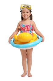 Cute little girl in swimsuit with inflatable ring on white background