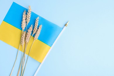 Photo of Ears of wheat and Ukrainian flag on light blue background, top view. Space for text